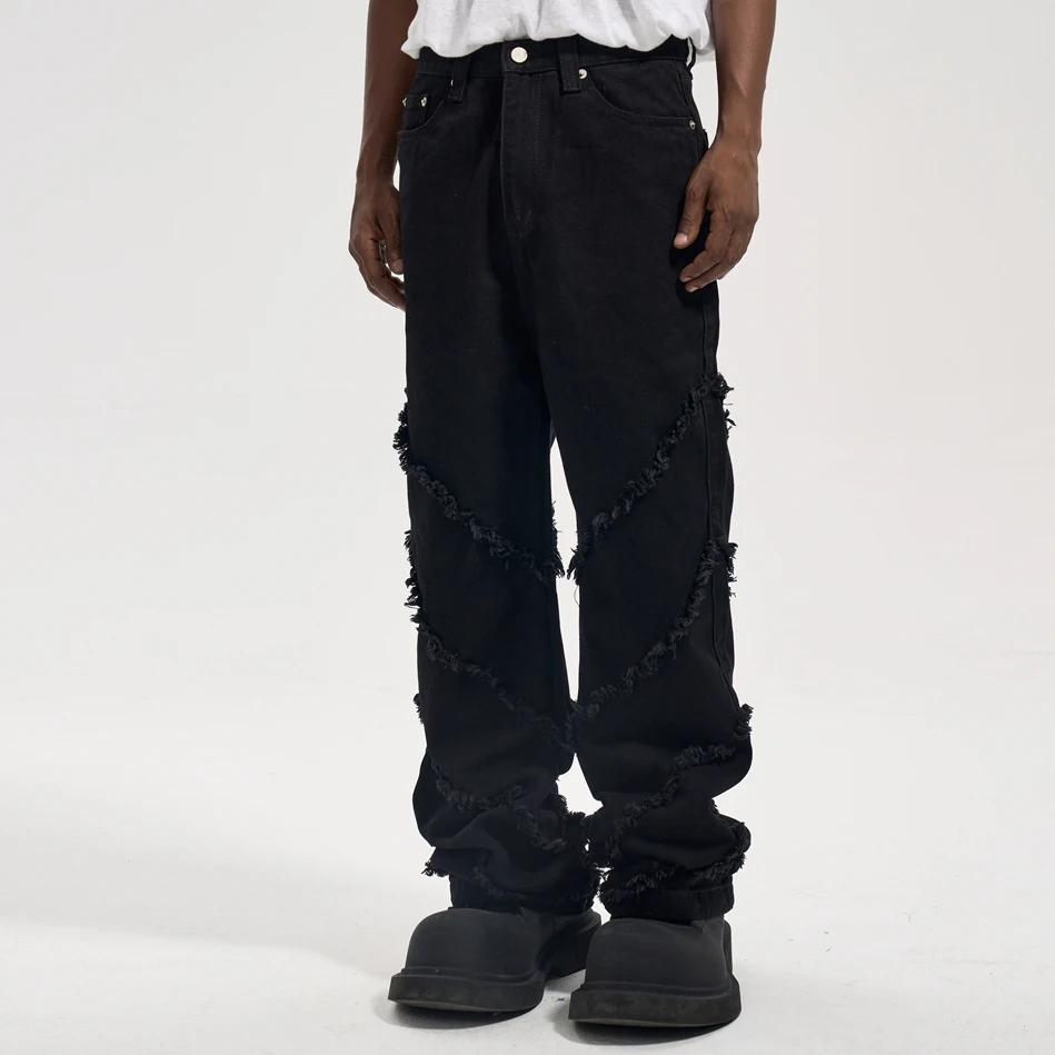 High Street Black Spiral Raw Edge Skinny Micro Flared Jeans RO Dark Casual Washed Horn Jeans for Men Hip Hop Slim De